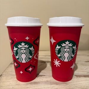 Two Starbucks Red Day Cups 1 25th Anniversary Limited Ed. Reusable 16oz w/ Lids